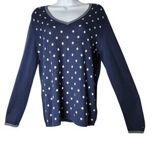Tommy Hilfiger Navy Polka Dot Sweater Women’s Large 100% Pima Cotton V-Neck